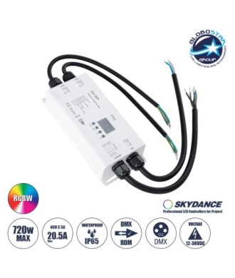 GloboStar® 71571-IP65 D4-WP SKYDANCE DC DMX & RDM Dimmer High Speed Controller - Decoder 4 Καναλιών DC 12-36V 4 x 5A 180W - Max 20.5A 720W - Αδιάβροχος IP65 Μ17 x Π8 x Υ4cm - 5 Years Warranty